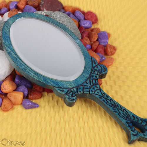 Blue Wooden Small Oval Royal Hand Mirror