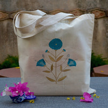 Hand Painted Cotton Tote  With Blue Floral Motif