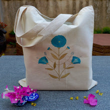 Hand Painted Cotton Tote  With Blue Floral Motif