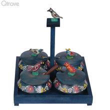 Embossed Hand Painted Wooden Blue Parrot Jar Set