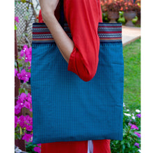 Handmade Cotton Tote Bag in Blue Checks With String Handles