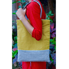 Handmade Cotton Tote Bag (Yellow And White Grey Stripes)