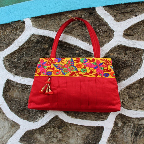Butterfly Lace Pleated Art Silk Tote (Red)