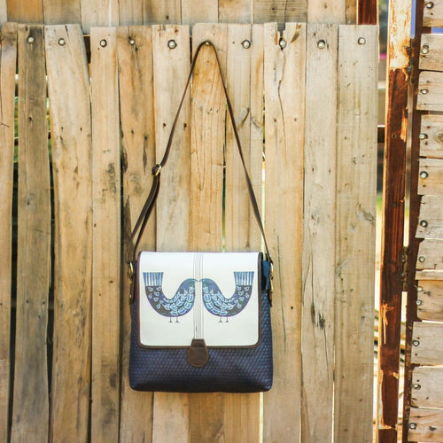 Bird Print Medium Large Sling Bag (Blue Brown)
