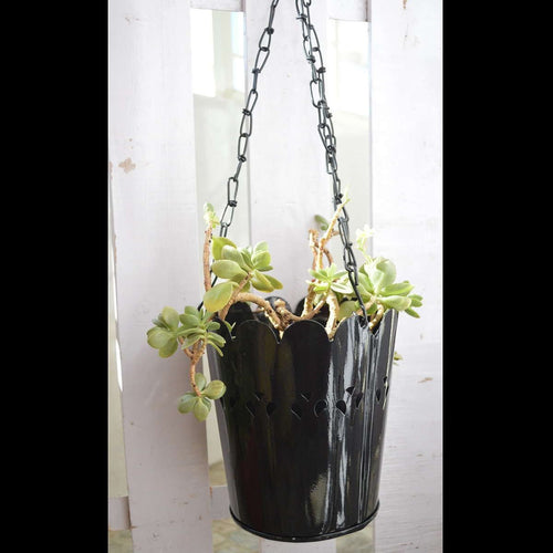 Black Cut-Work Hanging Planter With Chain