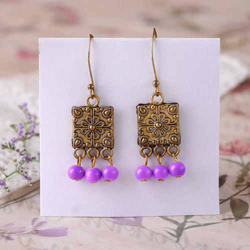 Antique Handcrafted Gold Plate Earring With Purple Drops