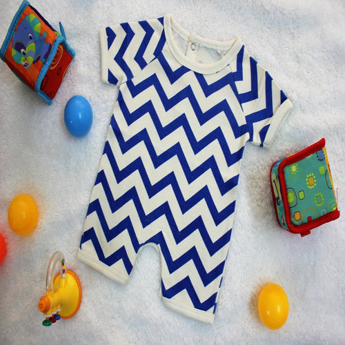 Blue Zigzag Short Baby Romper made with 100% Organic Cotton