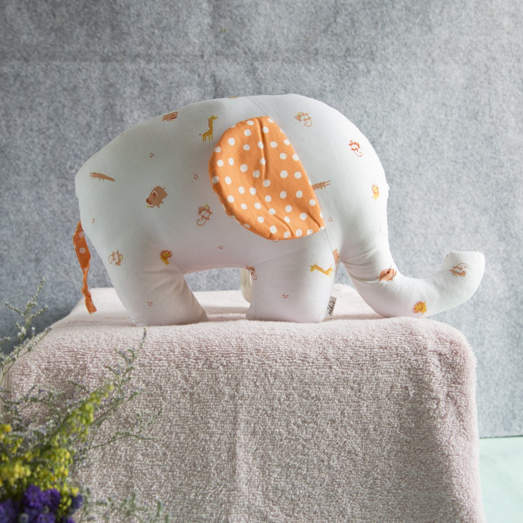 100% Cotton Fabric Elephant Plush Pillow (White & Orange)