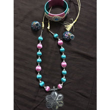 Blue Pink Silk Thread Necklace Bangle And Earring Set
