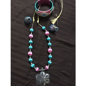 Blue Pink Silk Thread Necklace Bangle And Earring Set