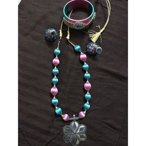 Blue Pink Silk Thread Necklace Bangle And Earring Set
