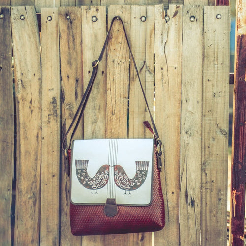 Bird Print Medium Large Sling Bag (Maroon Brown)